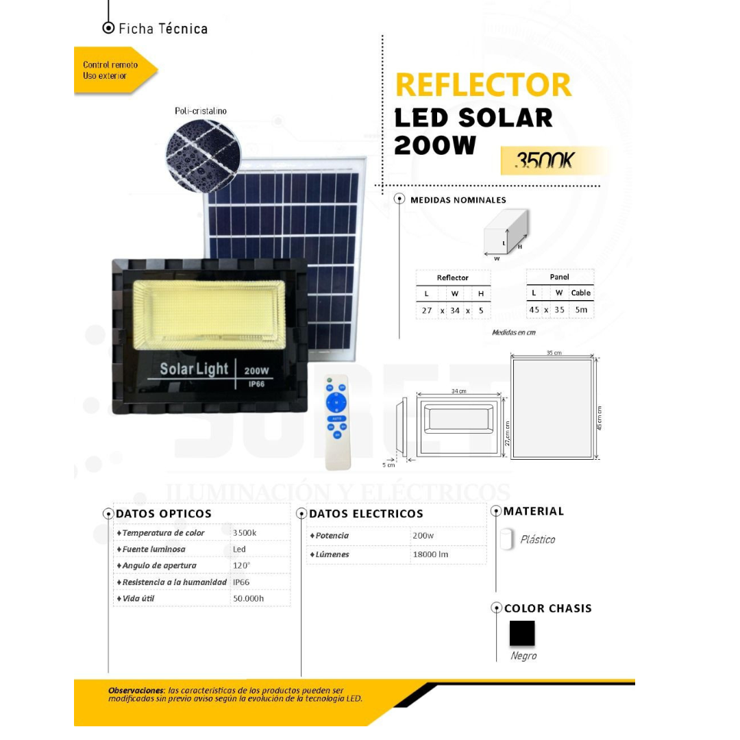 REFLECTOR LED SOLAR 200W LUZ CALIDA